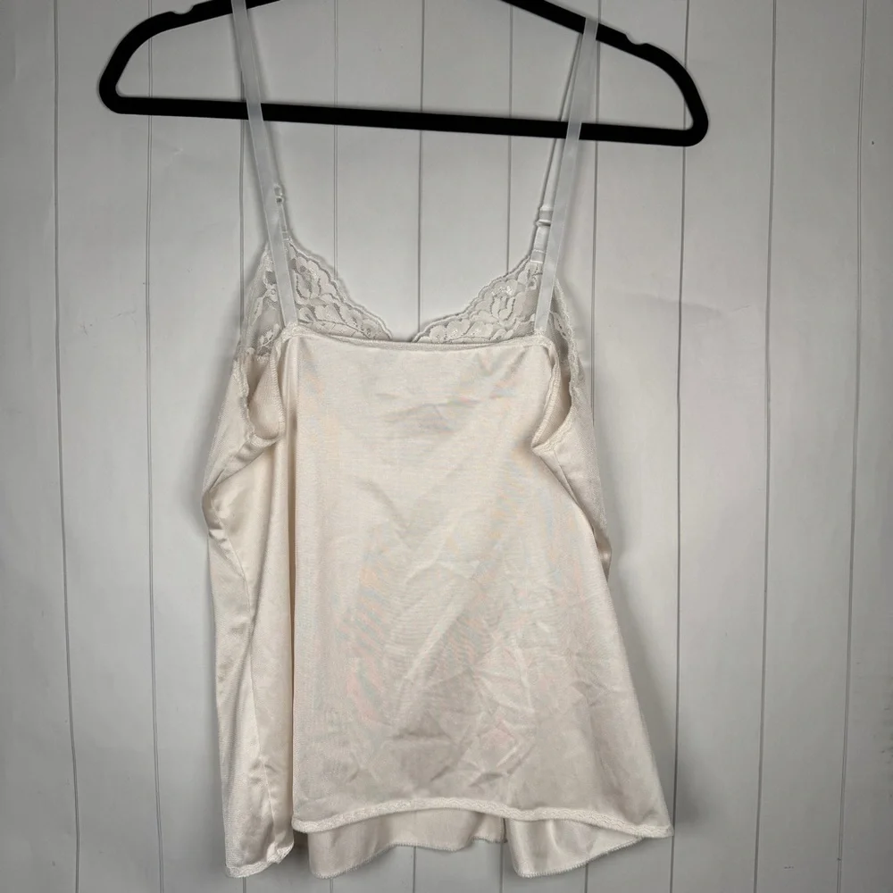 VTG 80s Vassarette Ivory Satin Cami Tank Lace Trim Camisole Boudoir‎ Lingerie M